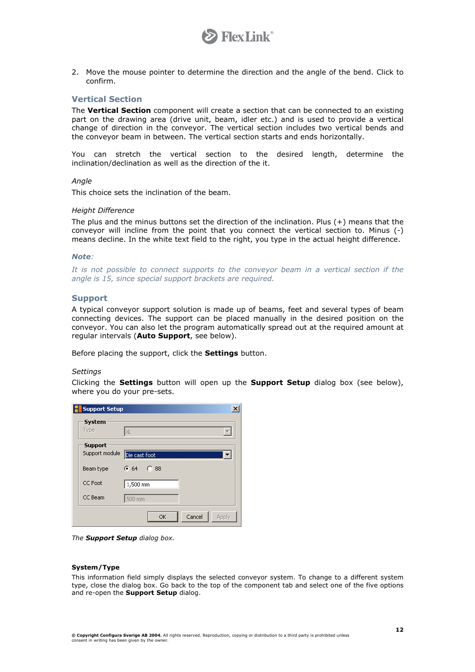 Vertical section, Angle, Height difference | Support, Settings, System/type | FlexLink Configura User Manual | Page 12 / 41