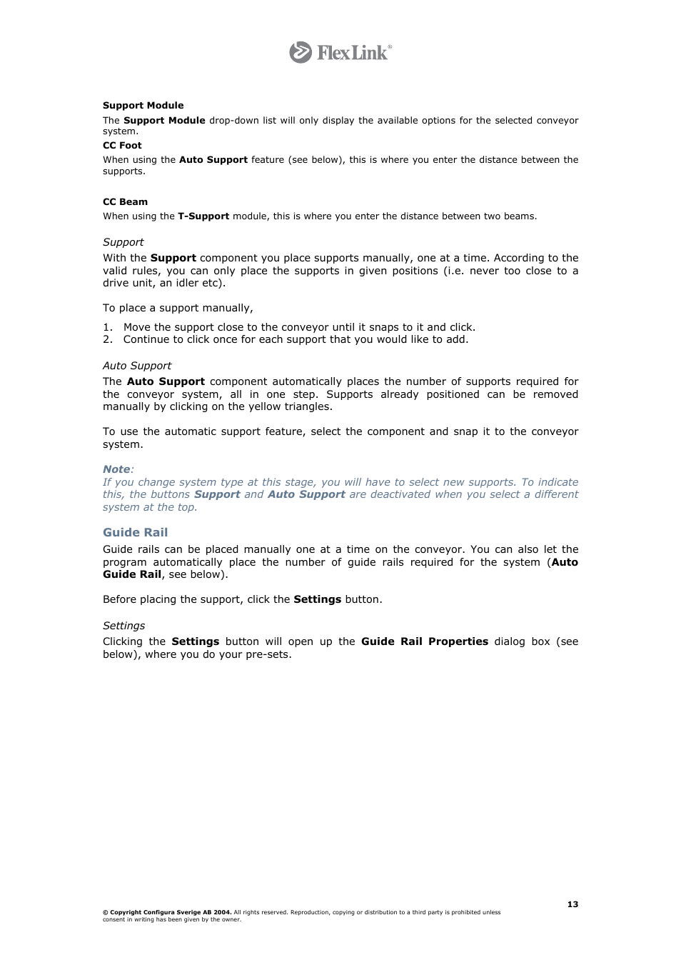 Support module, Cc foot, Cc beam | Support, Auto support, Guide rail, Settings | FlexLink Configura User Manual | Page 13 / 41