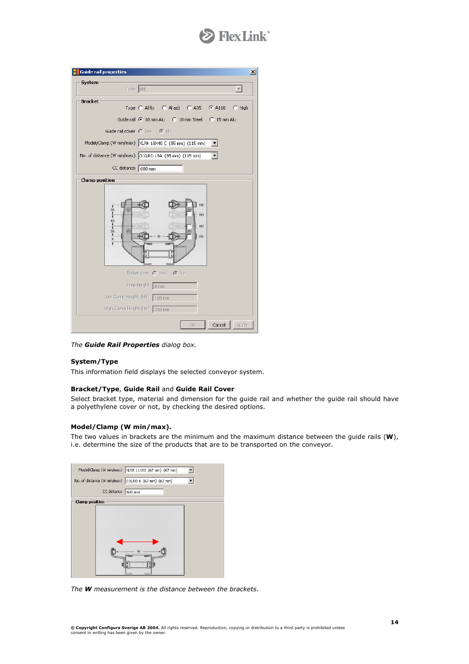 System/type, Bracket/type, guide rail and guide rail cover, Model/clamp (w min/max) | FlexLink Configura User Manual | Page 14 / 41