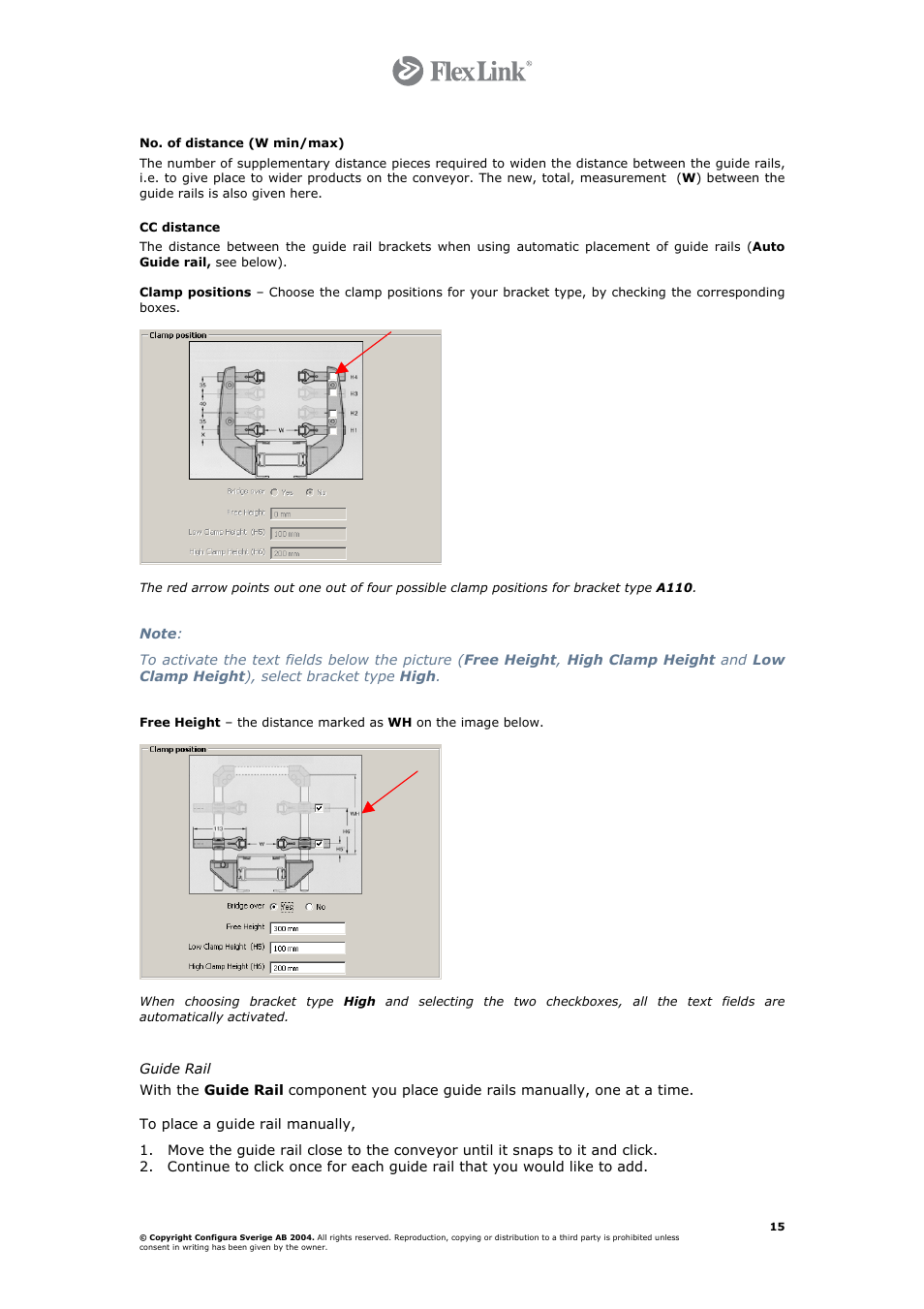 No. of distance (w min/max), Cc distance, Guide rail | FlexLink Configura User Manual | Page 15 / 41
