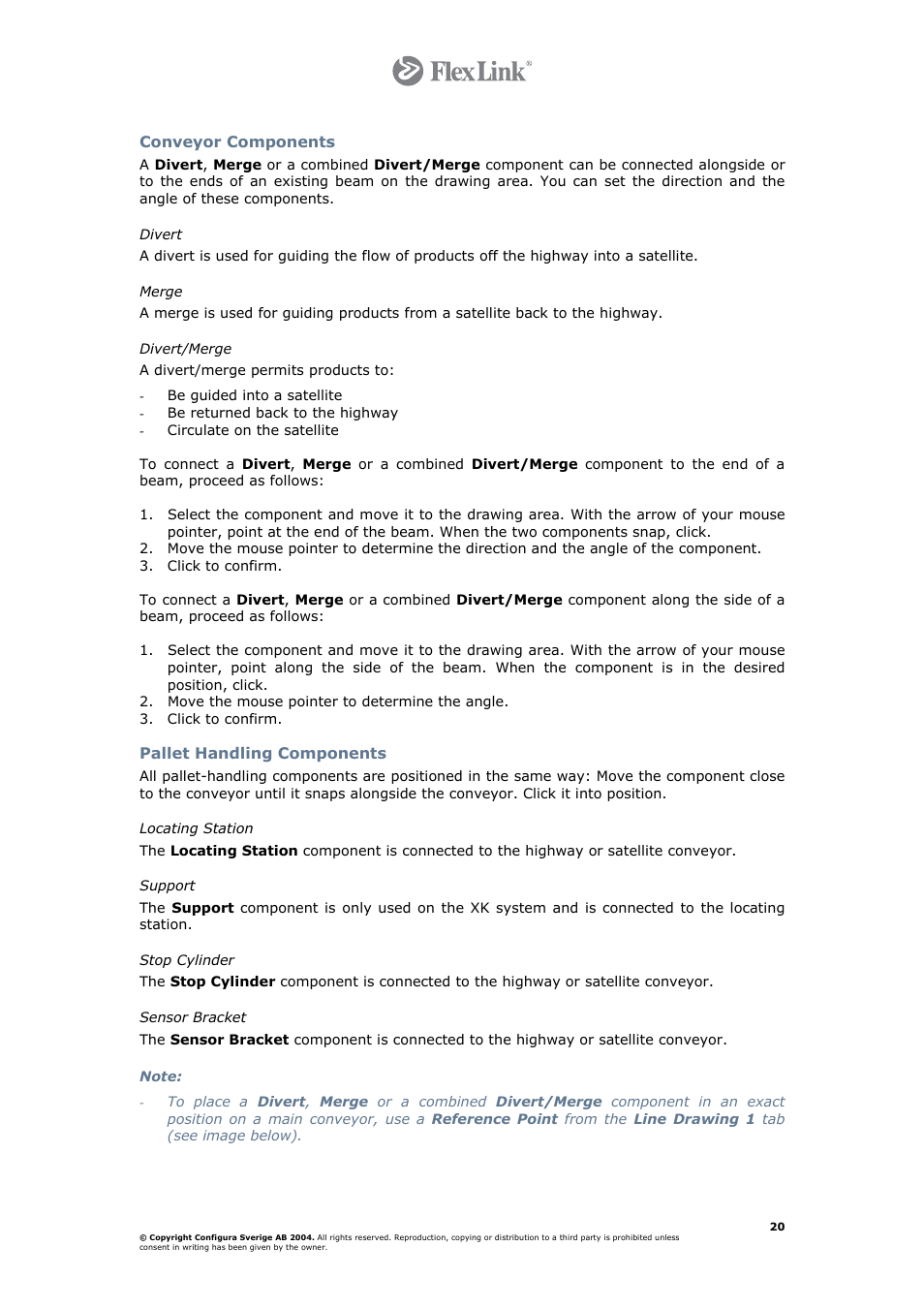 Conveyor components, Divert, Merge | Divert/merge, Pallet handling components, Locating station, Support, Stop cylinder, Sensor bracket | FlexLink Configura User Manual | Page 20 / 41