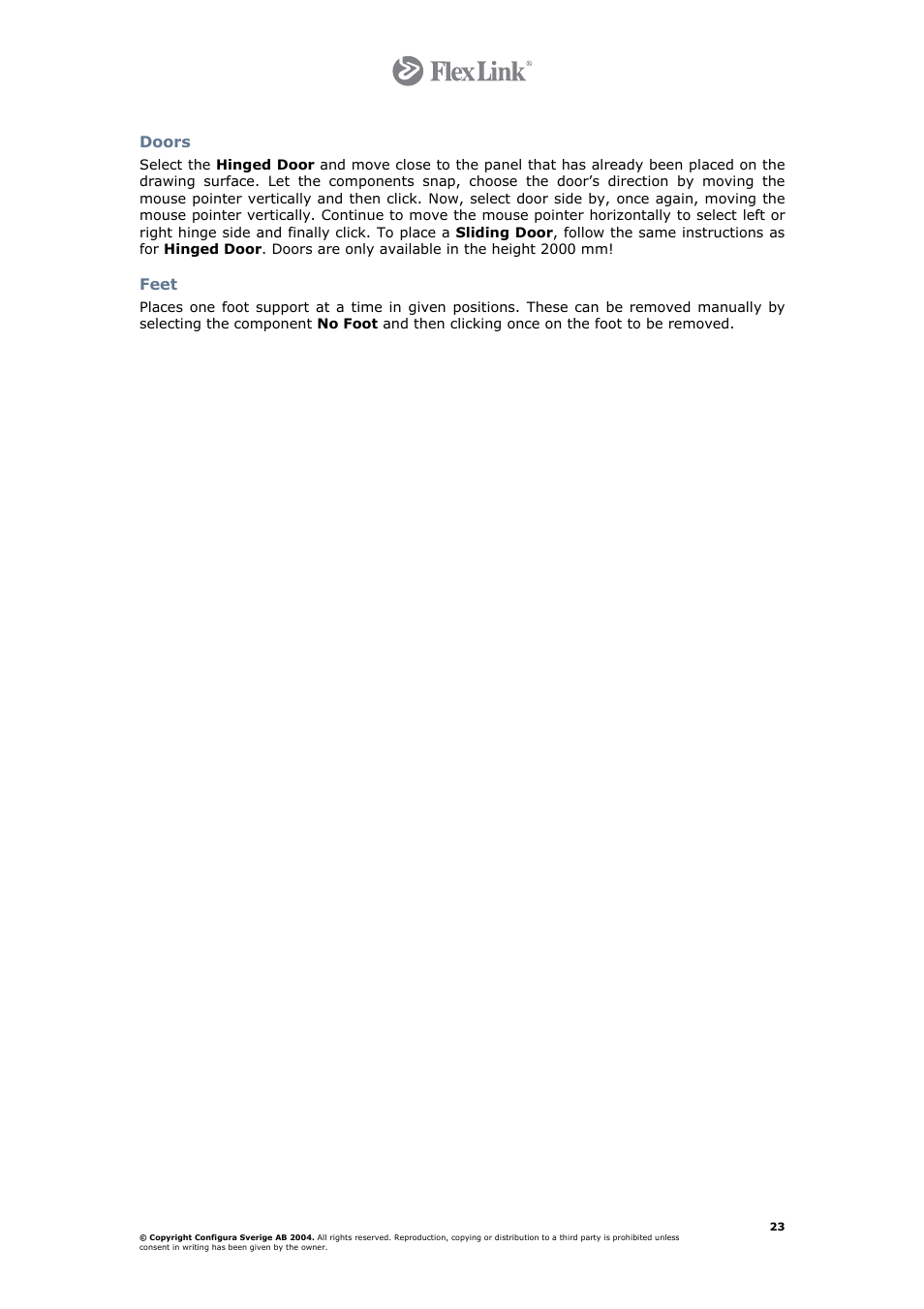 Doors, Feet | FlexLink Configura User Manual | Page 23 / 41