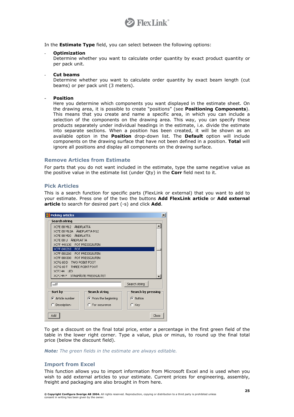 Remove articles from estimate, Pick articles, Import from excel | FlexLink Configura User Manual | Page 25 / 41