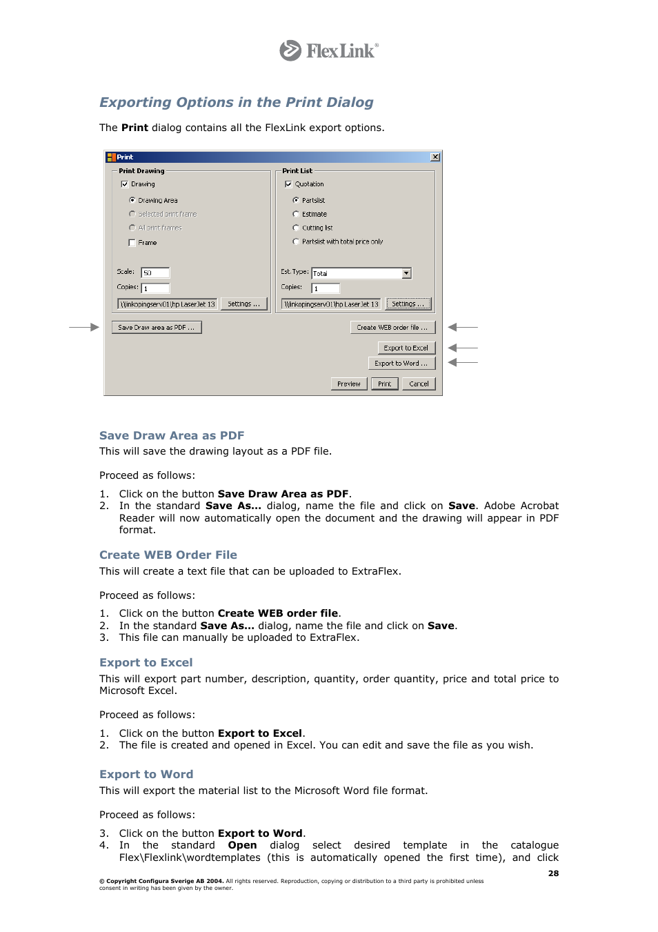 Exporting options in the print dialog, Save draw area as pdf, Create web order file | Export to excel, Export to word | FlexLink Configura User Manual | Page 28 / 41
