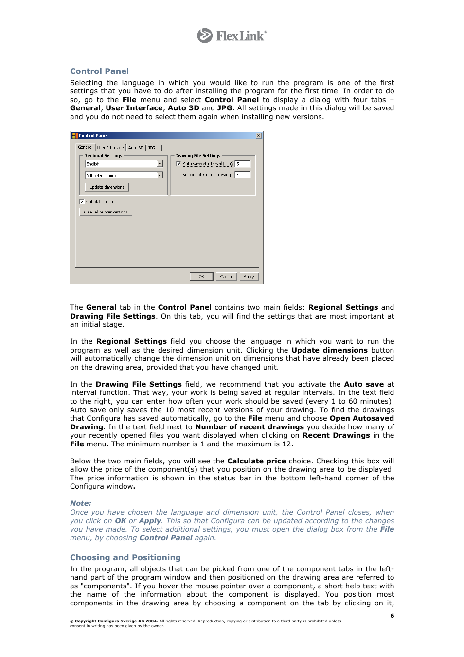 Control panel, Choosing and positioning | FlexLink Configura User Manual | Page 6 / 41