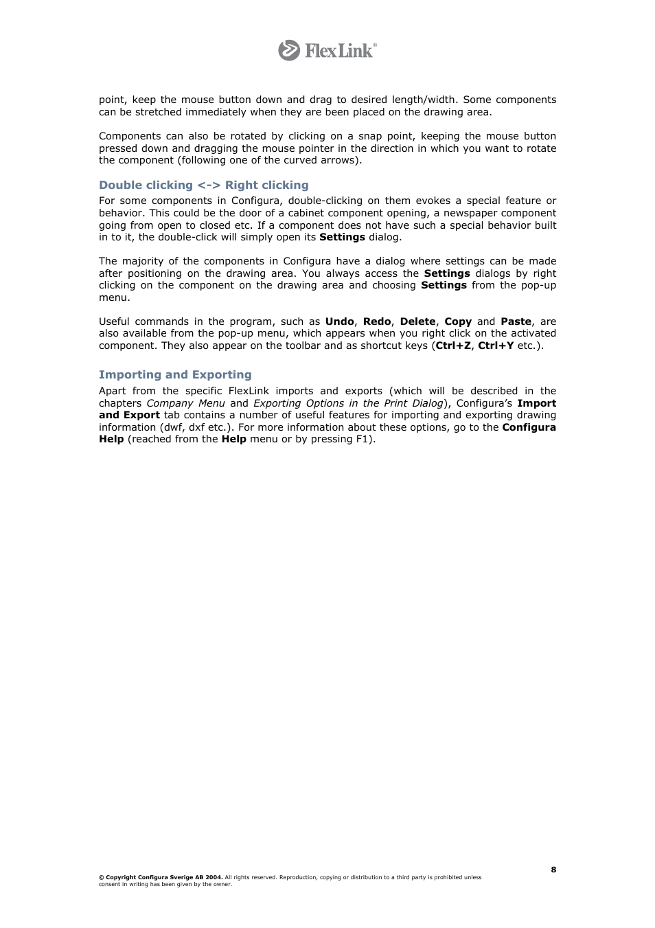 Double clicking <-> right clicking, Importing and exporting | FlexLink Configura User Manual | Page 8 / 41