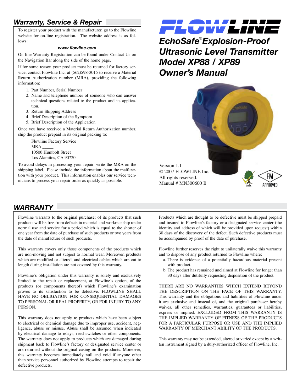 Flowline XP89 EchoSafe User Manual | 9 pages