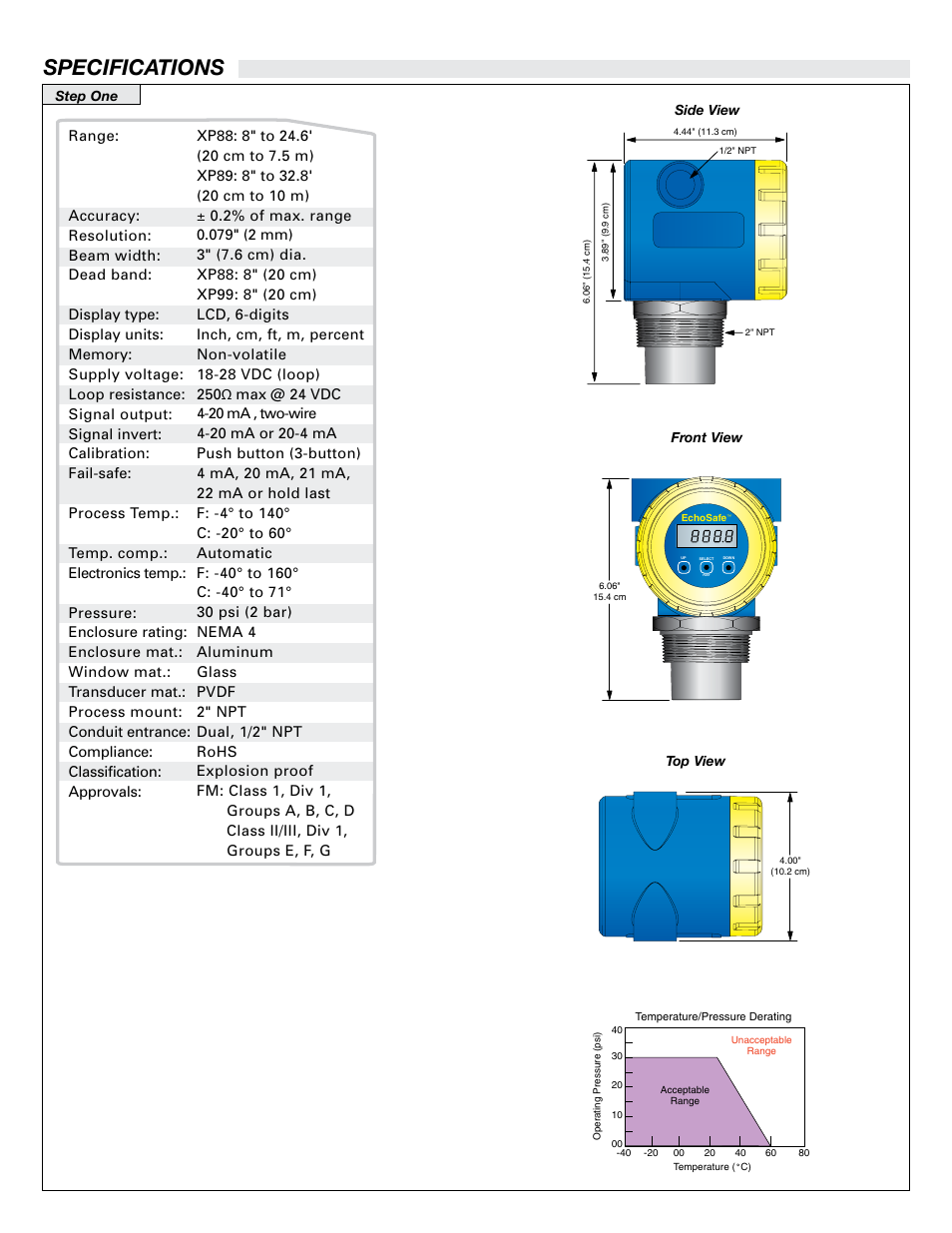 Specifications, Step one, Top view | Side view | Flowline XP89 EchoSafe User Manual | Page 2 / 9