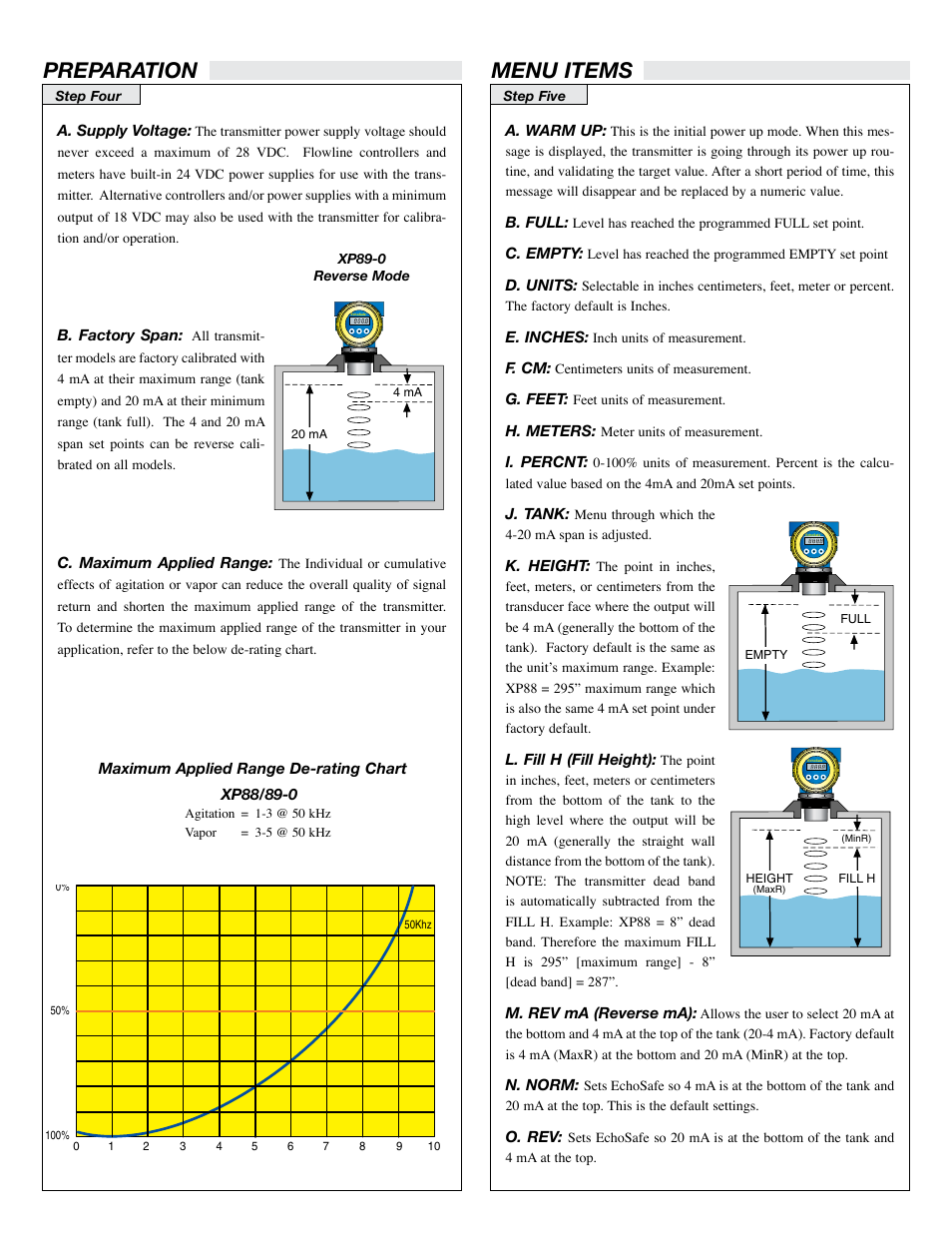 Preparation, Menu items | Flowline XP89 EchoSafe User Manual | Page 4 / 9