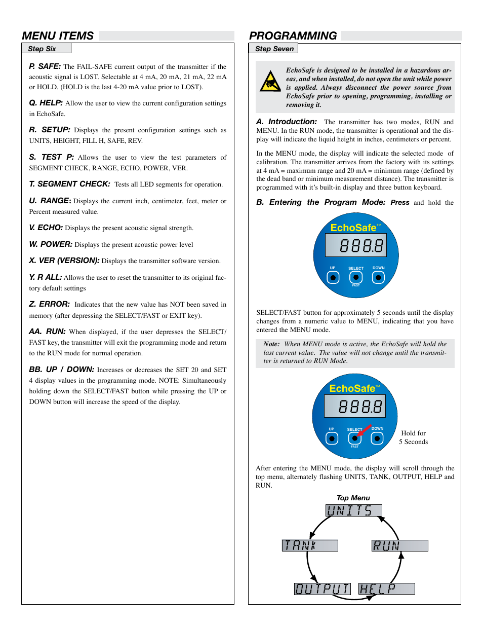 Menu items, Programming, Echosafe | Flowline XP89 EchoSafe User Manual | Page 5 / 9