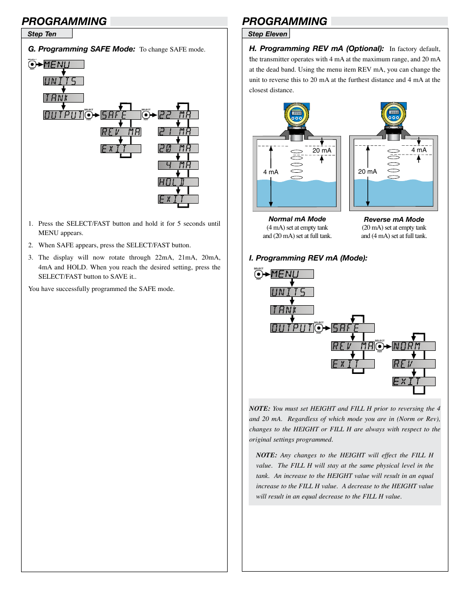 Programming, 0hqx (;,7, H. programming rev ma (optional) | I. programming rev ma (mode), G. programming safe mode, 0hqx | Flowline XP89 EchoSafe User Manual | Page 7 / 9