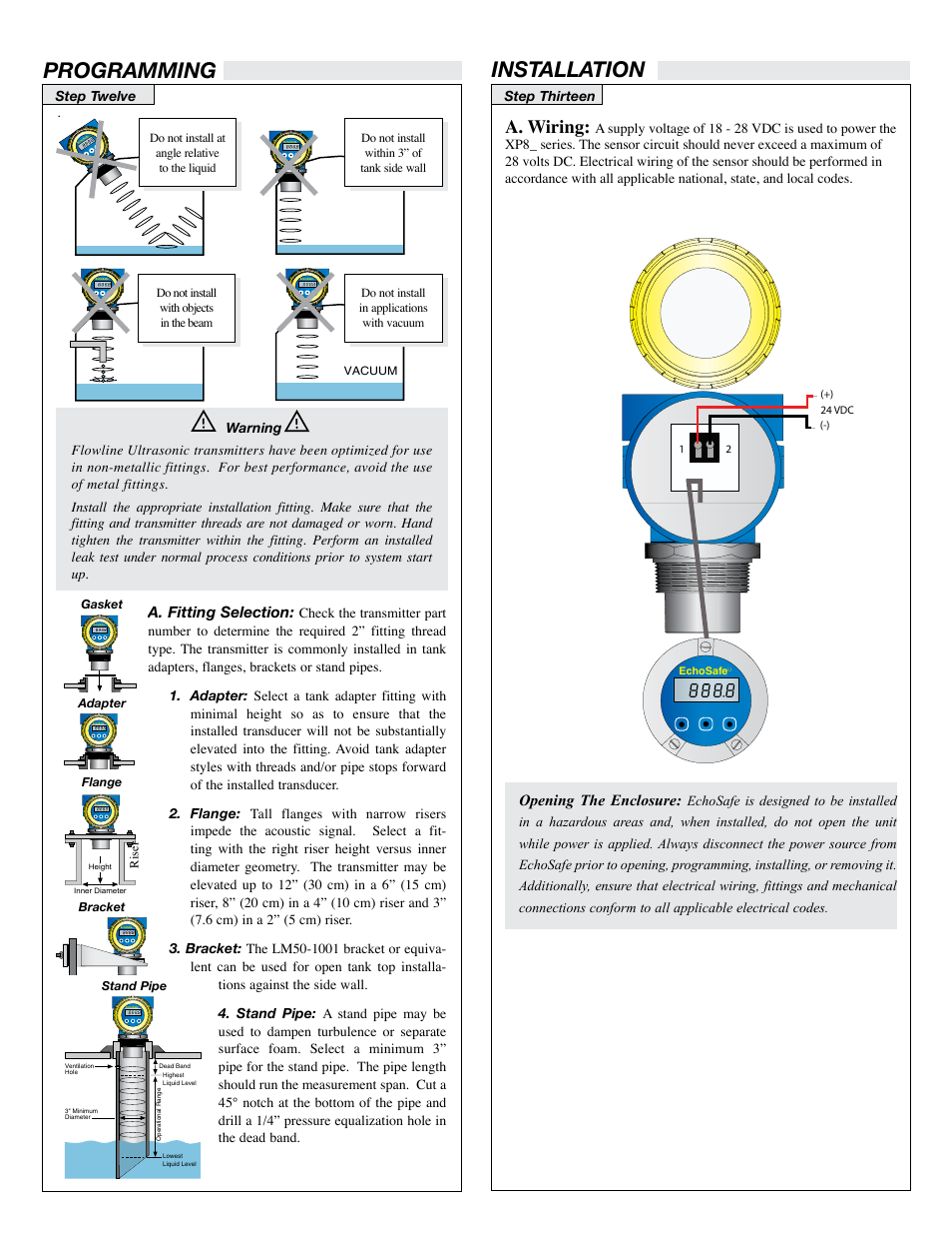 Programming, Installation, A. wiring | A. fitting selection, Opening the enclosure | Flowline XP89 EchoSafe User Manual | Page 8 / 9