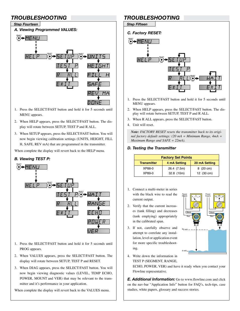 Troubleshooting, C. factory reset, D. testing the transmitter | E. additional information, A. viewing programmed values, B. viewing test p | Flowline XP89 EchoSafe User Manual | Page 9 / 9