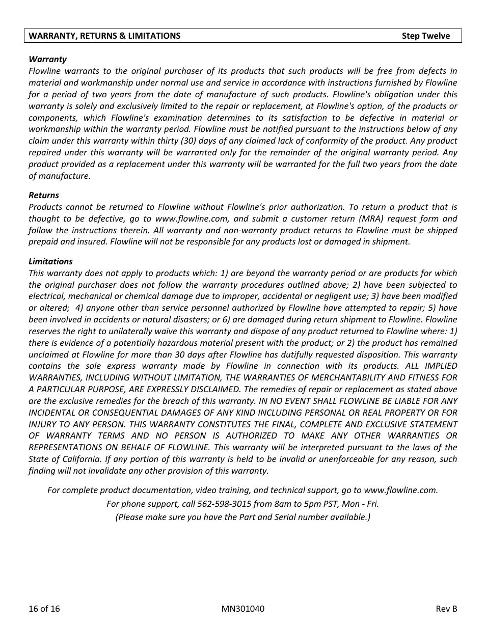 Flowline LD32‐S4_1 DeltaSpan User Manual | Page 16 / 16