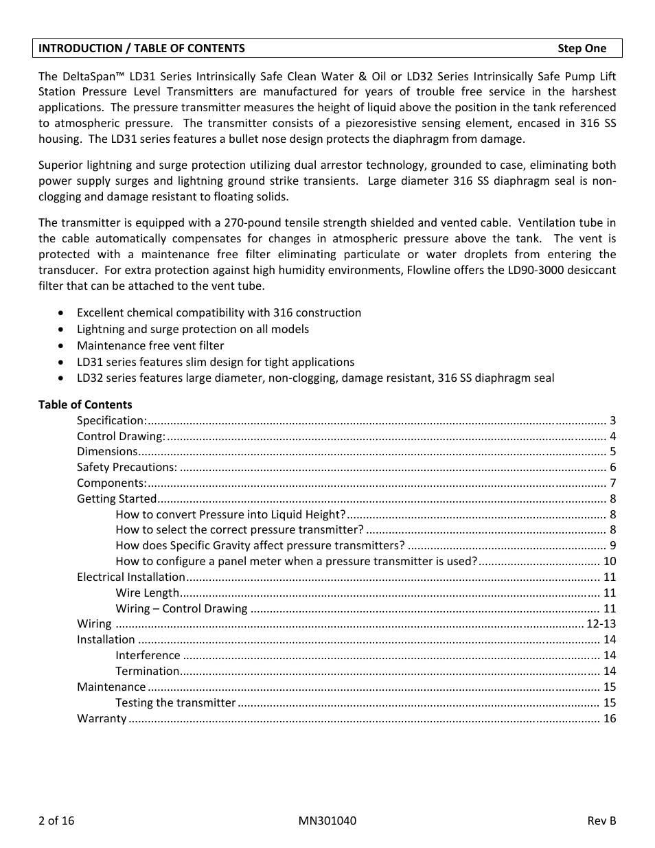 Flowline LD32‐S4_1 DeltaSpan User Manual | Page 2 / 16