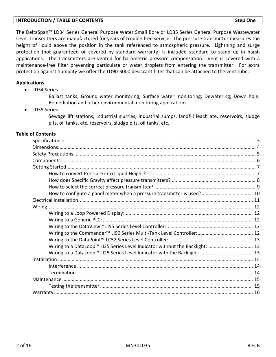 Flowline LD35 DeltaSpan User Manual | Page 2 / 16