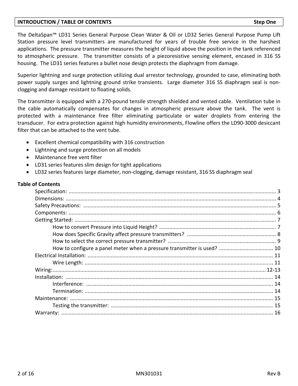 Flowline LD32‐S2_1 DeltaSpan User Manual | Page 2 / 16