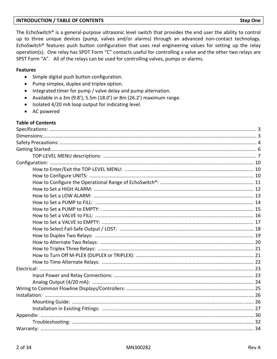 Flowline LU78 EchoSwitch User Manual | Page 2 / 34