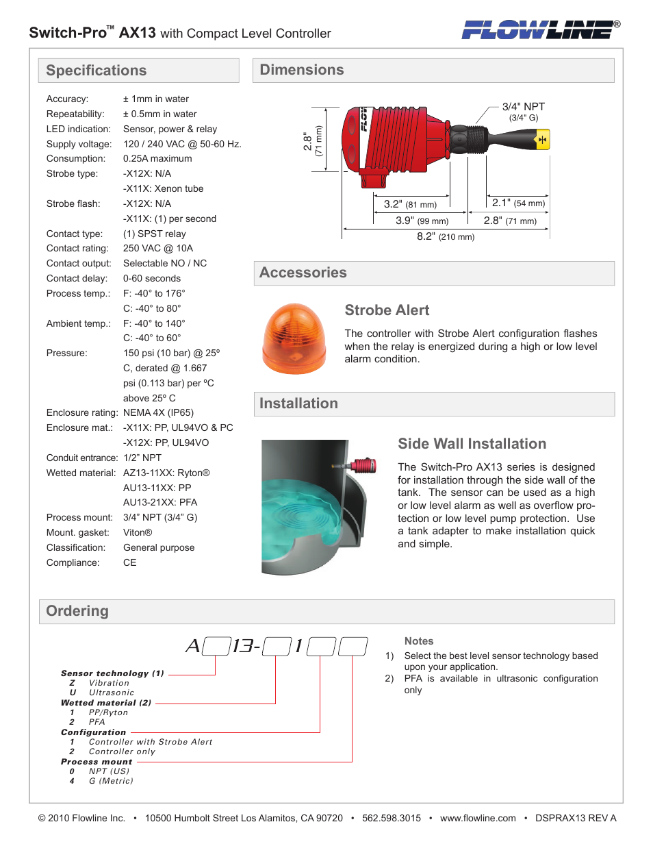 A 13- 1, Switch-pro ax13, Specifications | Ordering dimensions accessories, Strobe alert, Side wall installation installation, Switch-pro, With compact level controller | Flowline AX13 Switch-Pro User Manual | Page 2 / 2