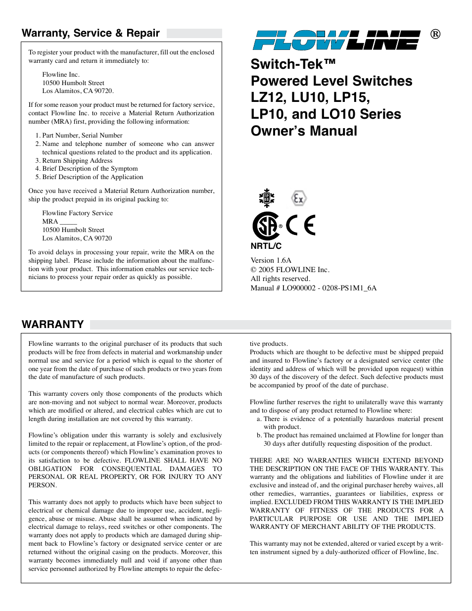 Flowline LH29 Switch-Tek User Manual | 8 pages