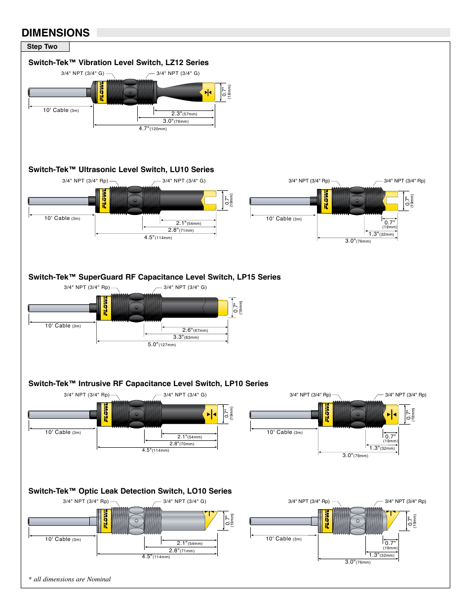 Dimensions, Step two, All dimensions are nominal | Flowline LH29 Switch-Tek User Manual | Page 3 / 8