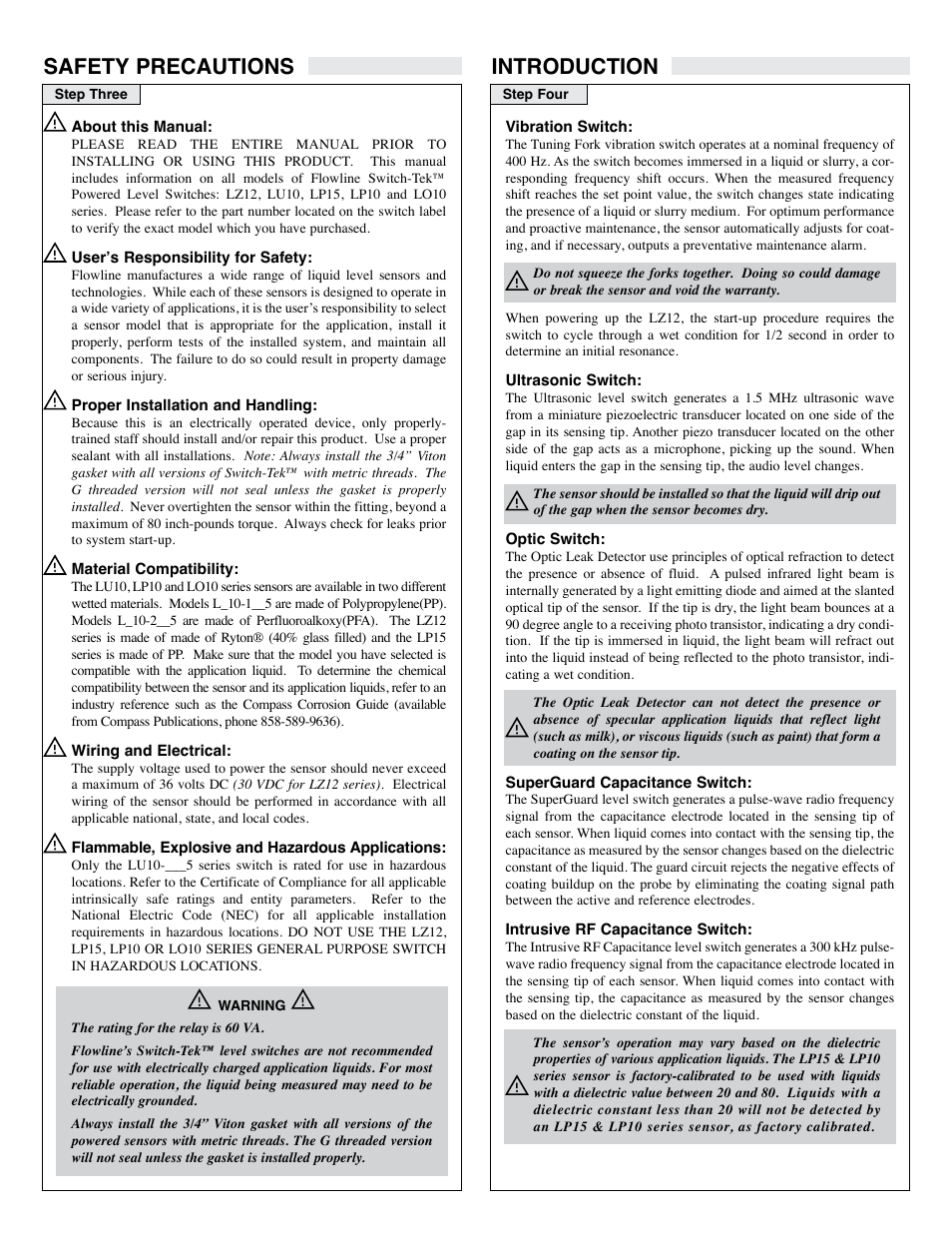 Safety precautions introduction | Flowline LH29 Switch-Tek User Manual | Page 4 / 8