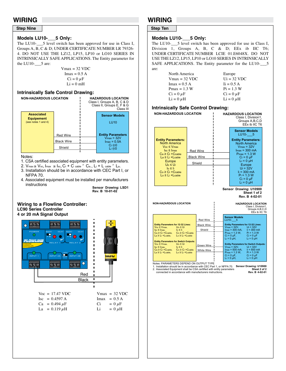 Wiring, Models lu10 only, Intrinsically safe control drawing | Step nine step ten | Flowline LH29 Switch-Tek User Manual | Page 7 / 8