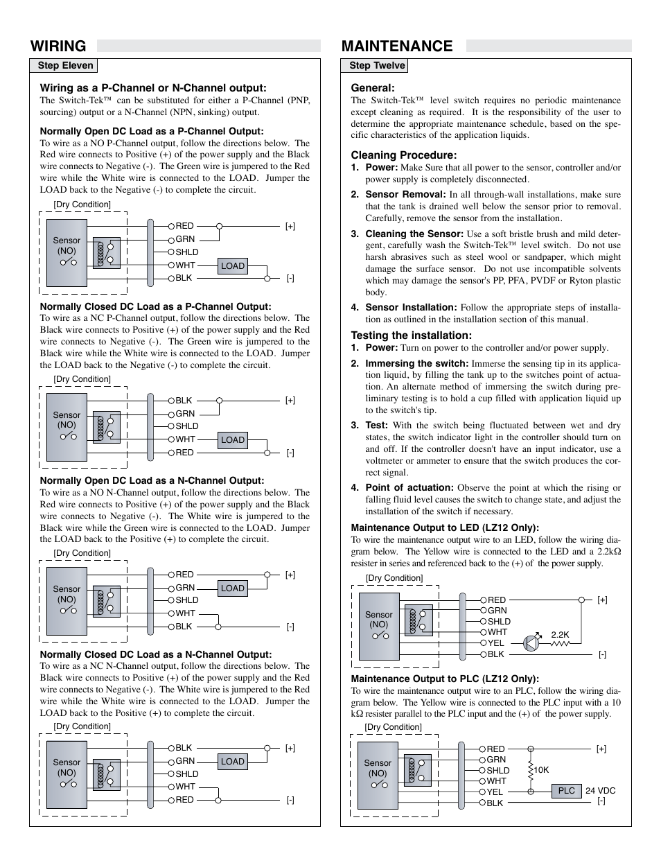 Maintenance, Wiring | Flowline LH29 Switch-Tek User Manual | Page 8 / 8