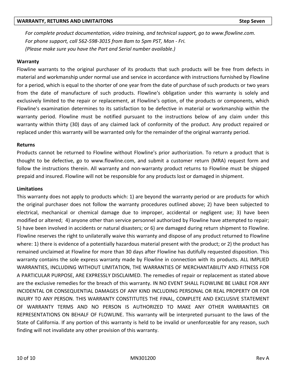 Flowline LV42 Switch-Tek User Manual | Page 10 / 10