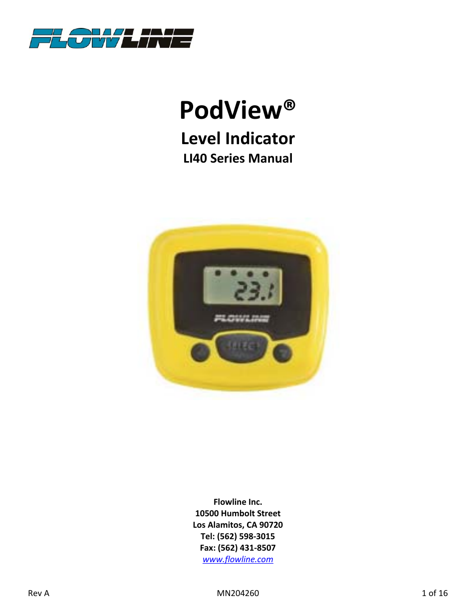 Flowline LI40-1001 PodView User Manual | 16 pages