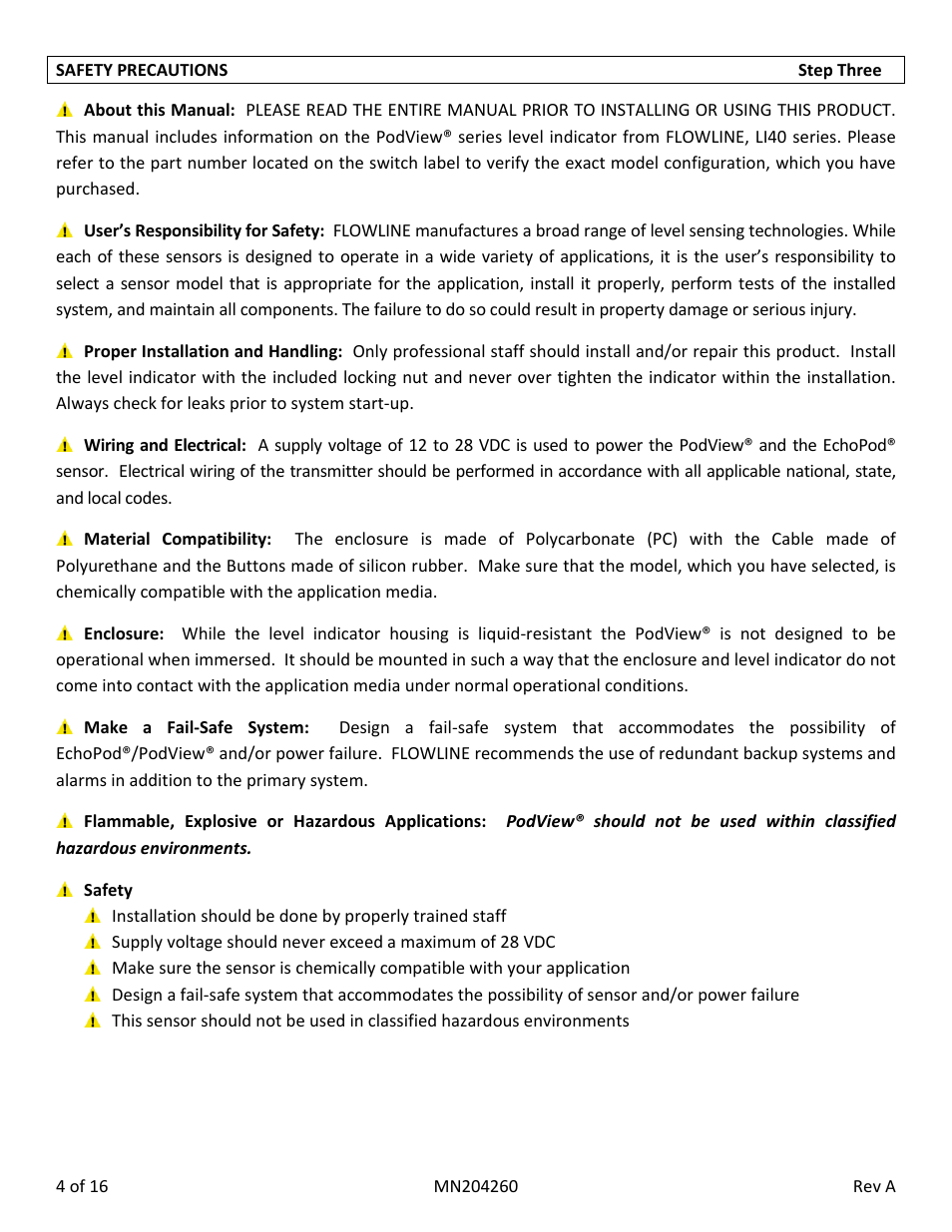 Flowline LI40-1001 PodView User Manual | Page 4 / 16