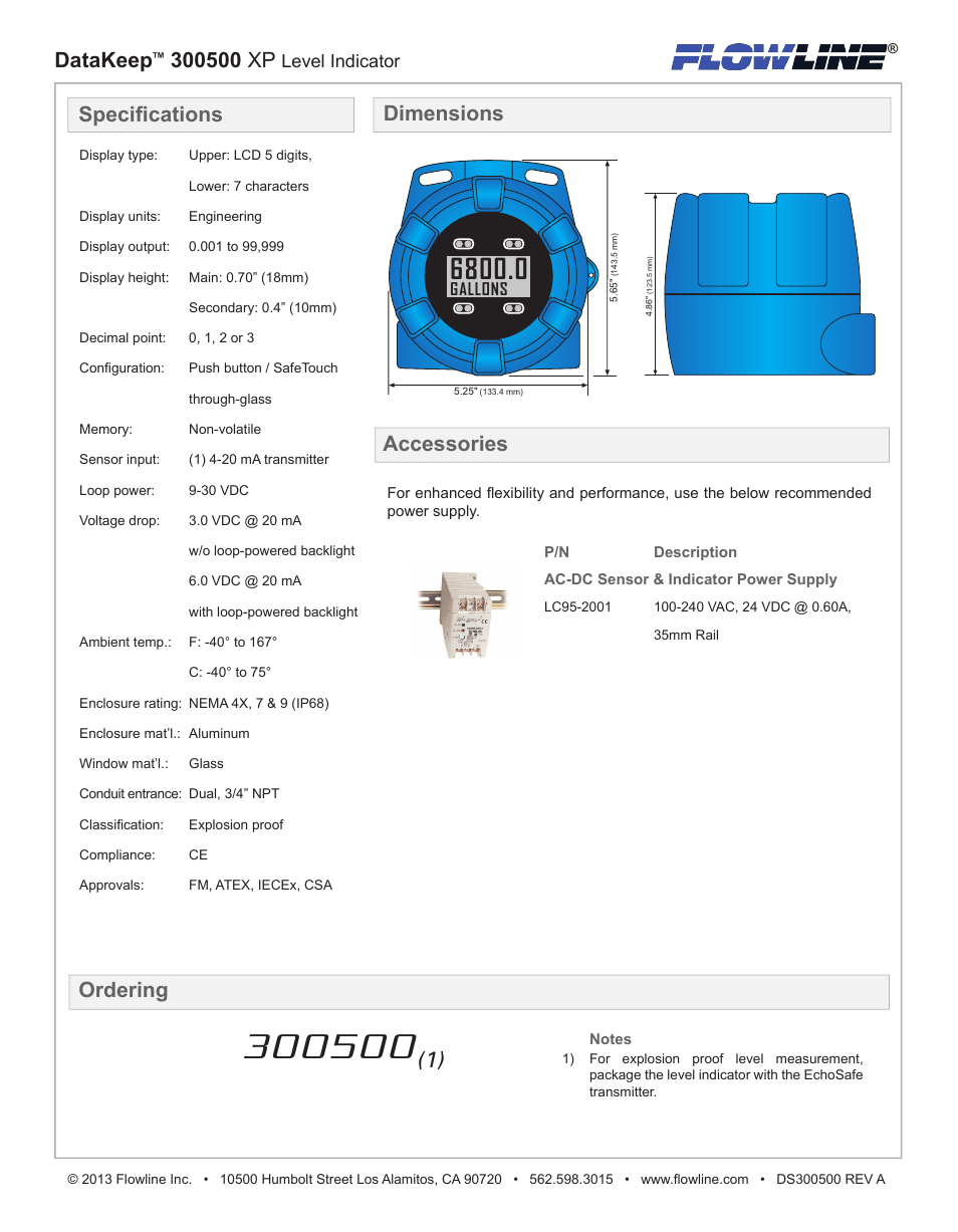 Datakeep xp (1), Specifications, Ordering dimensions accessories | Level indicator | Flowline 300500 DataKeep User Manual | Page 2 / 2