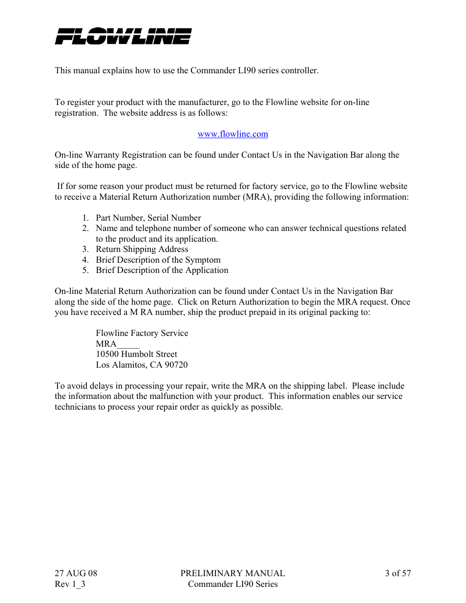 Flowline LI90 Commander User Manual | Page 3 / 57