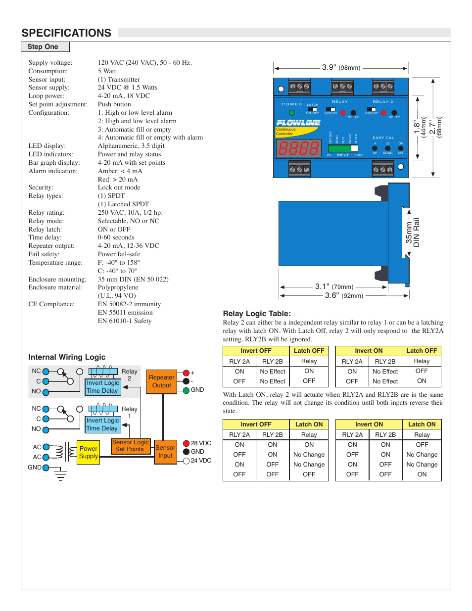 Specifications, 35 m m d in r ai l 3.6, Relay logic table | Internal wiring logic | Flowline LC52 DataPoint User Manual | Page 2 / 7