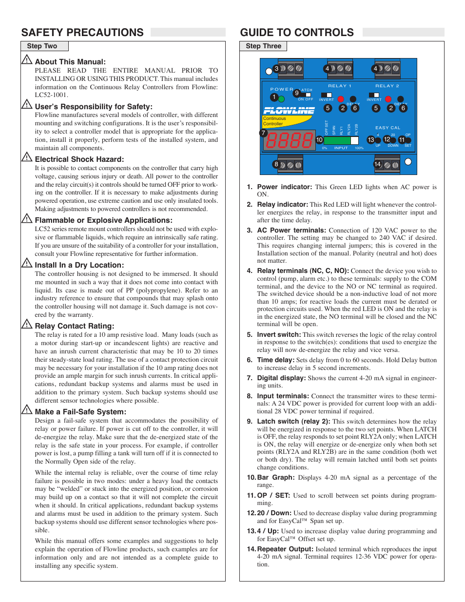 Safety precautions guide to controls | Flowline LC52 DataPoint User Manual | Page 3 / 7