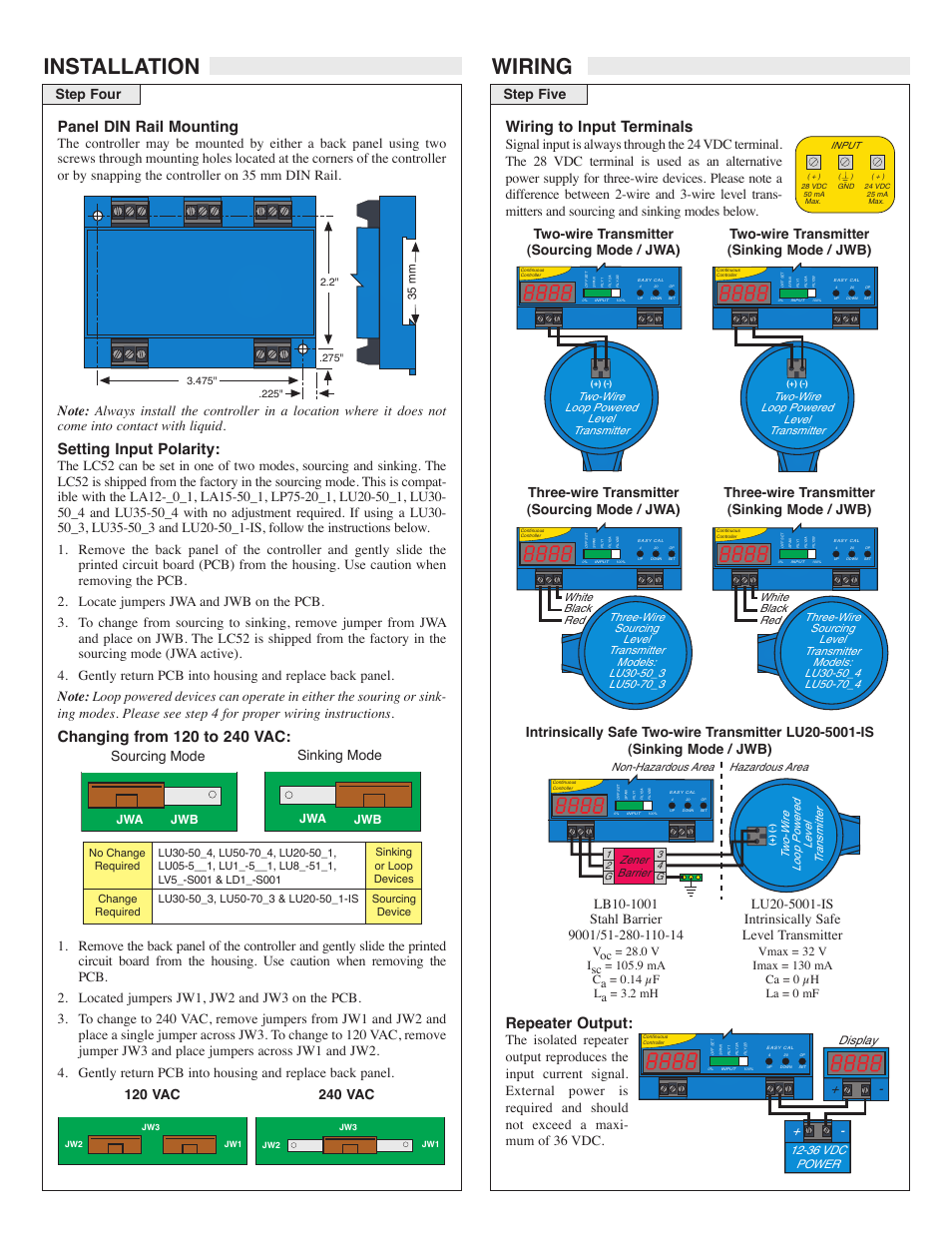 Installation wiring, Panel din rail mounting, Wiring to input terminals | Setting input polarity, Repeater output, Step four step five, Sourcing mode, Sinking mode, Display, 36 vdc power | Flowline LC52 DataPoint User Manual | Page 4 / 7