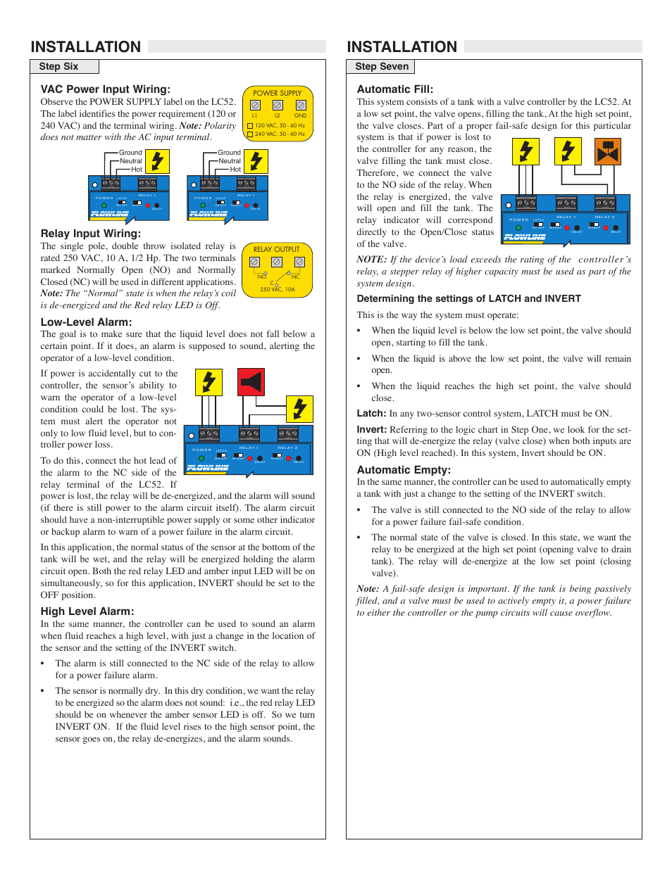 Installation, Automatic fill, Automatic empty | Relay input wiring, Low-level alarm, High level alarm, Vac power input wiring | Flowline LC52 DataPoint User Manual | Page 5 / 7