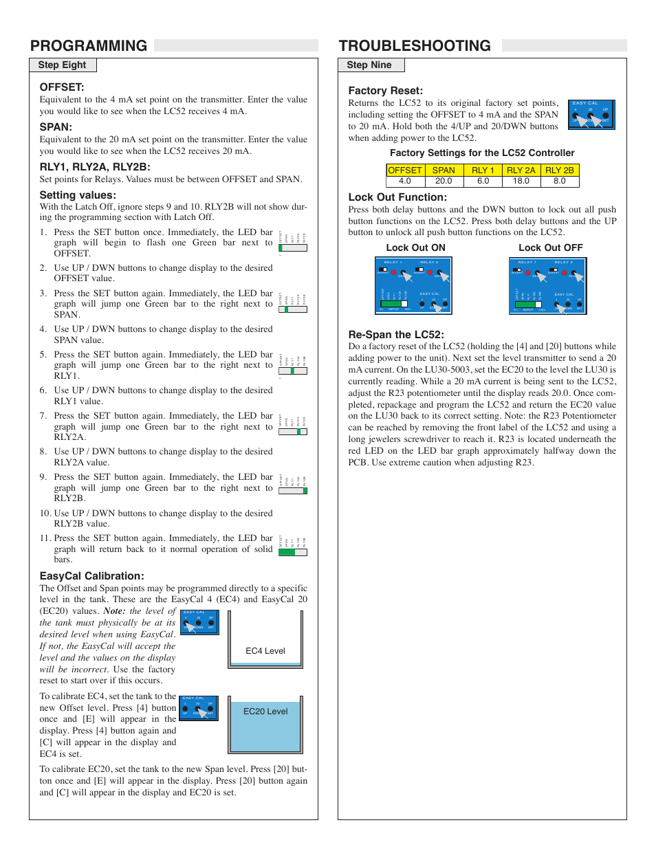 Programming troubleshooting, Factory reset, Lock out function | Re-span the lc52, Offset, Span, Rly1, rly2a, rly2b, Setting values, Easycal calibration, Step eight step nine | Flowline LC52 DataPoint User Manual | Page 6 / 7