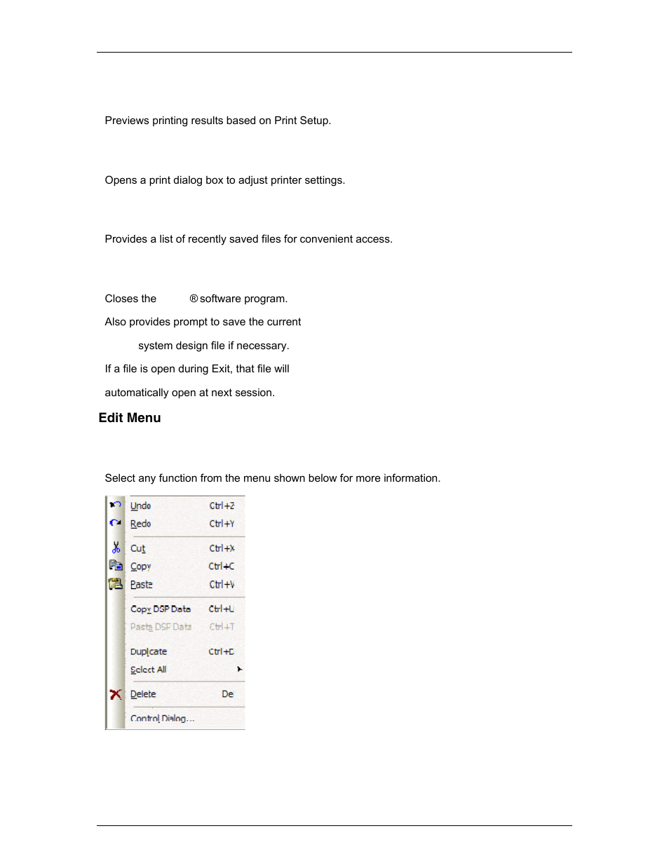 Print preview, Print setup, Recent file | Exit, Edit menu, Edit, Menu, For more options | Biamp A4 User Manual | Page 74 / 245