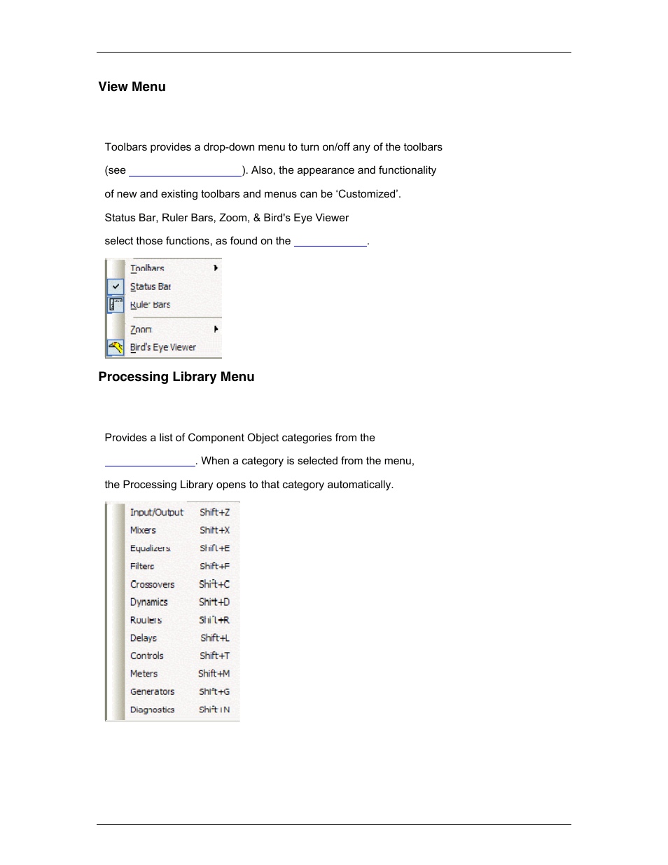 View menu, Processing library menu, Om the | The loca, View, Processing library | Biamp A4 User Manual | Page 77 / 245