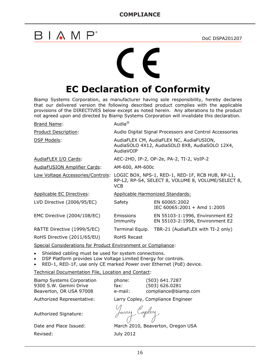 Ec declaration of conformity | Biamp AudiaVOIP User Manual | Page 16 / 17