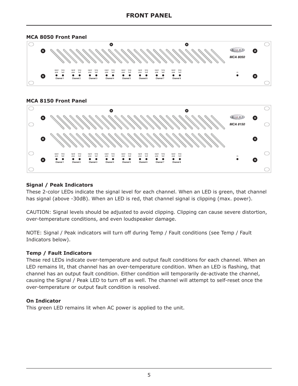 Front panel, Mca 8050, Mca 8150 | Biamp MCA Series User Manual | Page 5 / 15