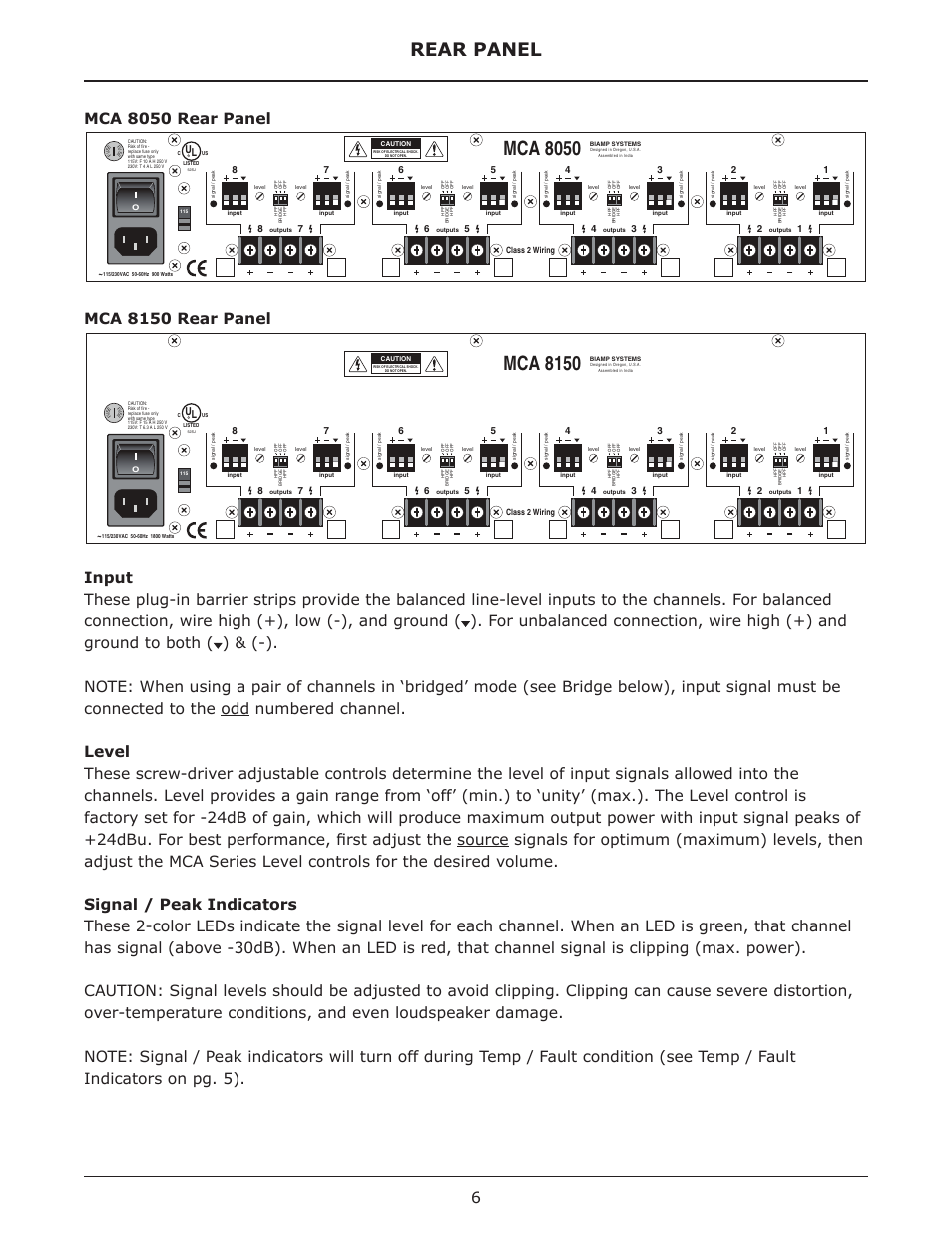 Mca 8050, Mca 8150, Rear panel | Biamp MCA Series User Manual | Page 6 / 15