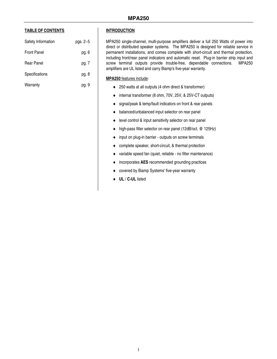 Biamp MPA250 User Manual | Page 2 / 11