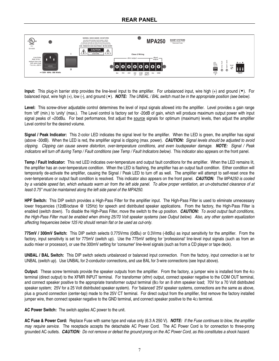 Mpa250, Rear panel | Biamp MPA250 User Manual | Page 8 / 11