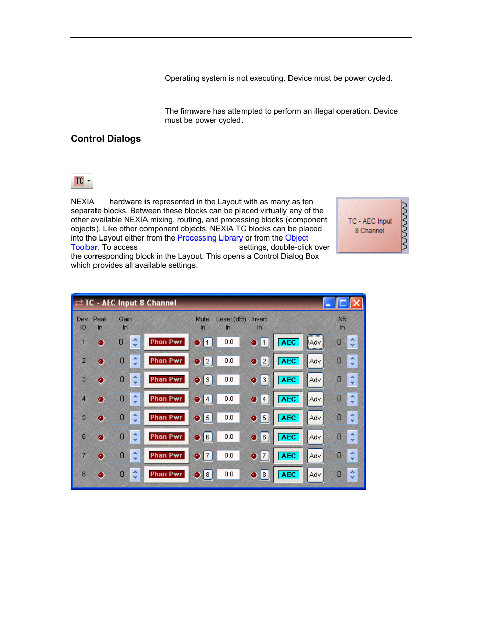Control dialogs, Tc - aec input 8 channel, Control dialogs tc - aec input 8 channel | Biamp A4 User Manual | Page 110 / 217