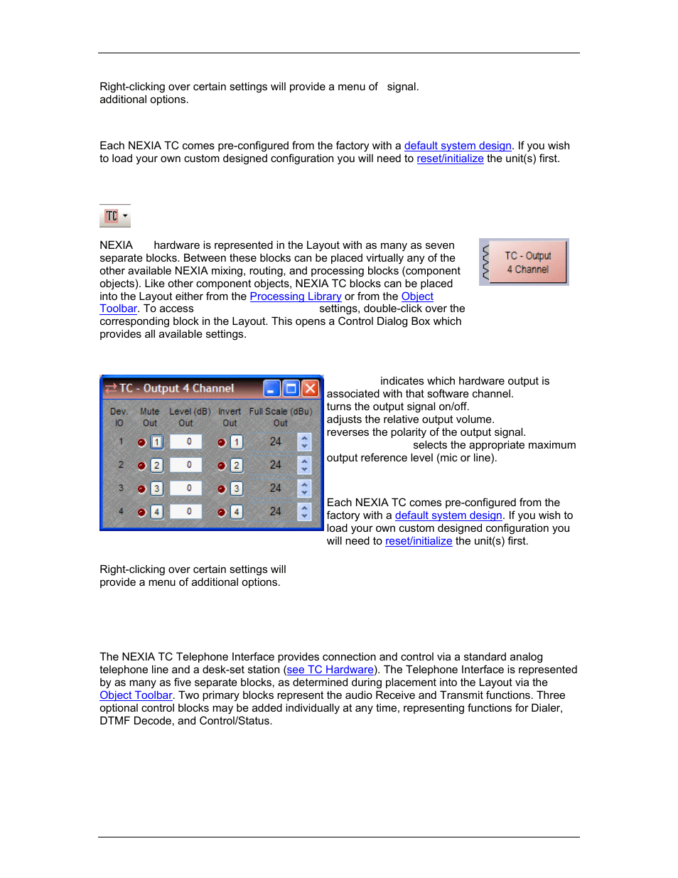 Tc - output 4 channel, Telephone interface, Blocks in t | King the, Receive, Transmit | Biamp A4 User Manual | Page 114 / 217
