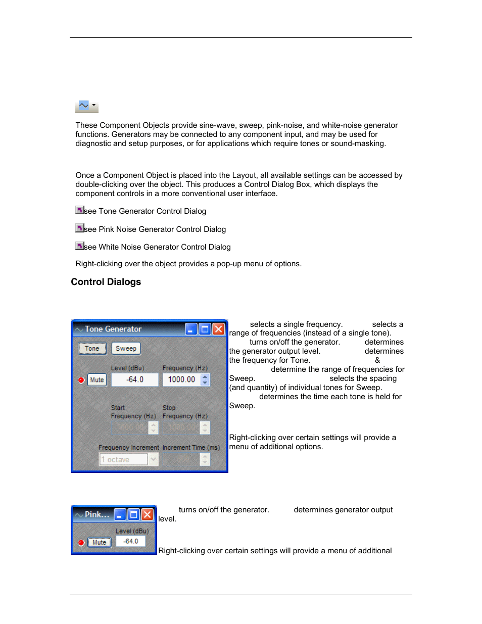 Generators, Control dialogs, Tone generator | Pink noise generator | Biamp A4 User Manual | Page 156 / 217