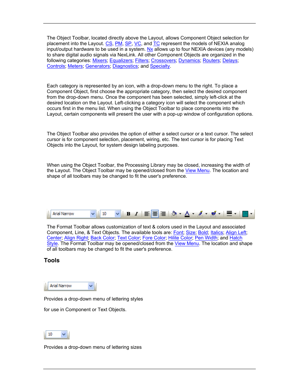 Format toolbar, Tools, Font | Size, Which all | Biamp A4 User Manual | Page 43 / 217