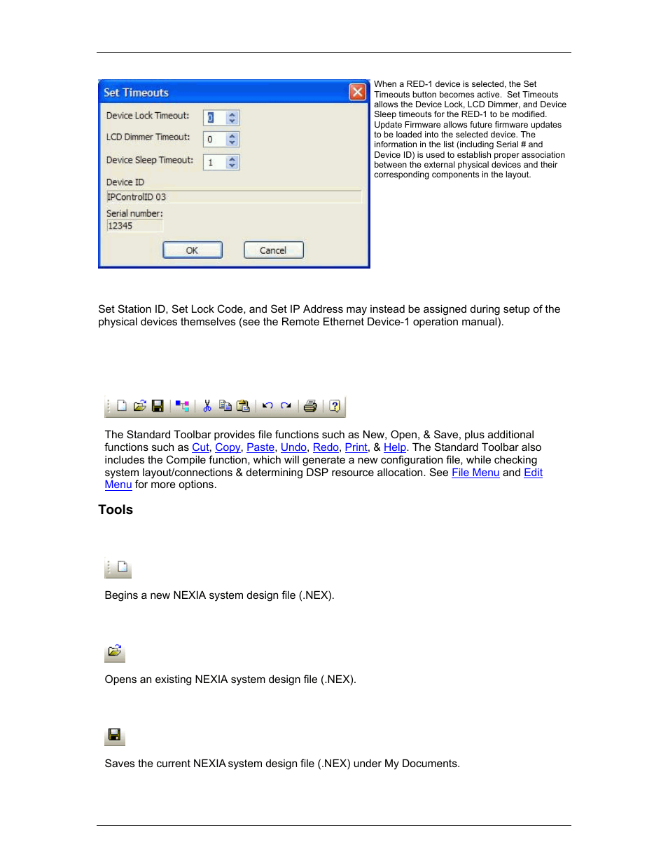 Standard toolbar, Tools, Open | Save, Bar is the, With file func | Biamp A4 User Manual | Page 59 / 217